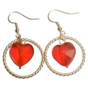 ⭐️Handmade Brand New Red Jeweled Heart Silver Encased Earrings 1.5" Long